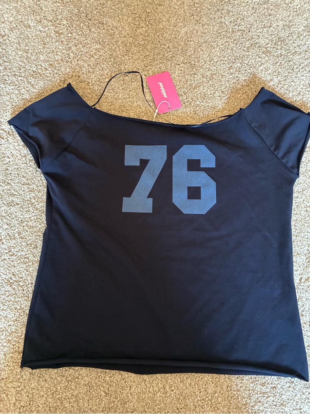 Edikted Black Off-Shoulder Tee with Navy '76' Graphic